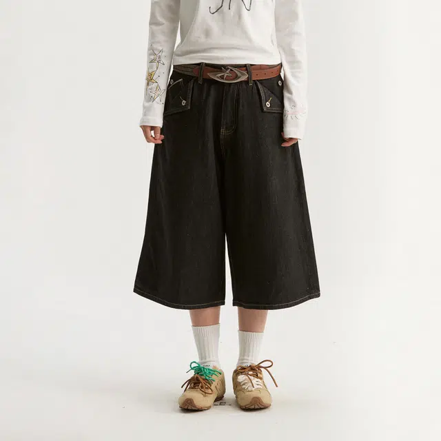 江南先生 城市接力赛 美式挺阔撞色斜纹七分阔腿裤子秋百搭休闲宽松牛仔短裤 男女同款