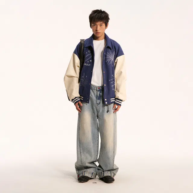 江南先生 流浪者之歌 水洗天然松石点缀倒置腰头设计秋阔腿刺绣长裤百搭休闲牛仔裤 男女同款