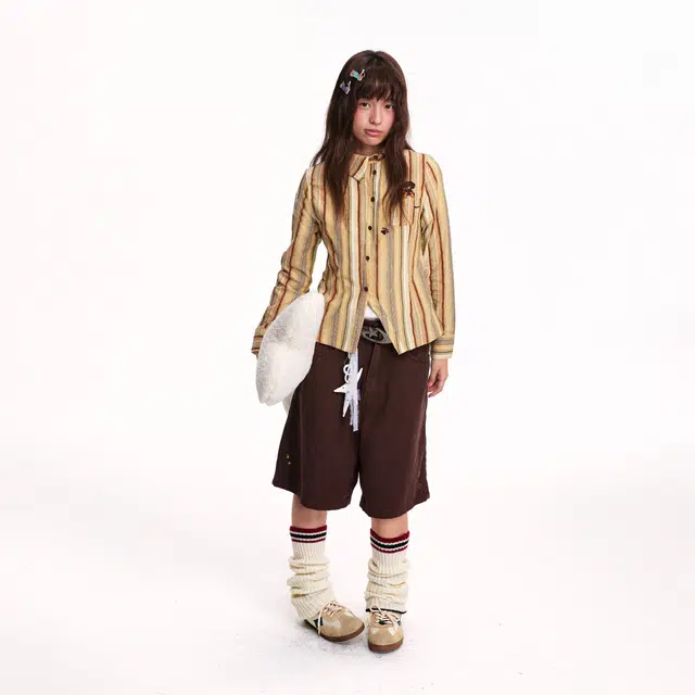 江南先生 日系复古腊肠狗刺绣条纹不对称斜门襟休闲百搭外套收腰长袖衬衫 男女同款