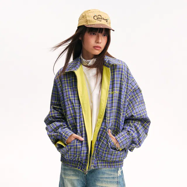 江南先生 大小孩乐园 复古格纹双面穿哈灵顿工装时尚宽松百搭长袖休闲外套夹克 男女同款