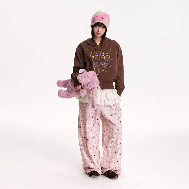 江南先生 复古卡通街头烫银烫金立体绣可爱小熊图案短款秋季外套女卫衣 男女同款