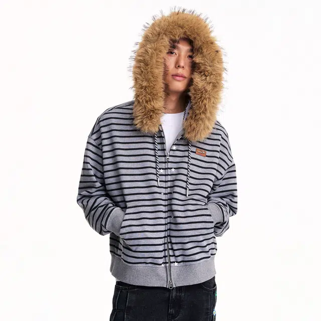 江南先生 美式复古休闲烫银星星条纹开衫秋季可拆卸毛领外套宽松拉链卫衣 男女同款