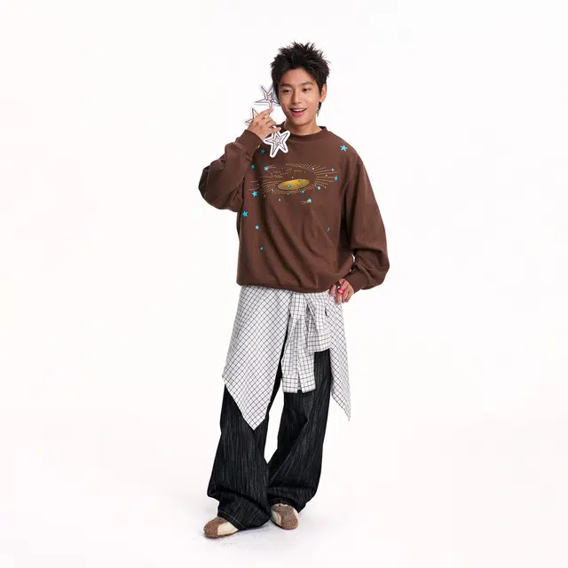 江南先生 高街风趣味恒温暖皮双层绒感粗针星星绣花秋季宽松上衣卫衣 男女同款