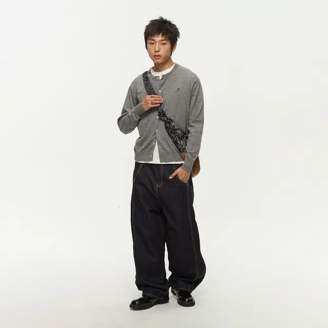 江南先生 挺阔重磅分割爱心绣花斜纹牛仔裤秋季宽松休闲裤 男女同款