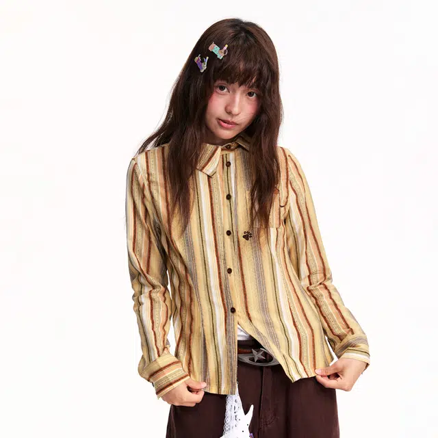 江南先生 日系复古腊肠狗刺绣条纹不对称斜门襟休闲百搭外套收腰长袖衬衫 男女同款