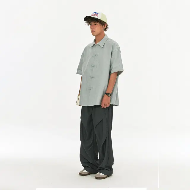 江南先生 复古新中式盘扣纯棉短袖男女夏季纯色休闲宽松情侣外套衬衫 男女同款