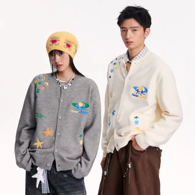 江南先生 公园私奔计划趣味重工立体刺绣宽松舒适开衫情侣秋扣子毛衣 男女同款