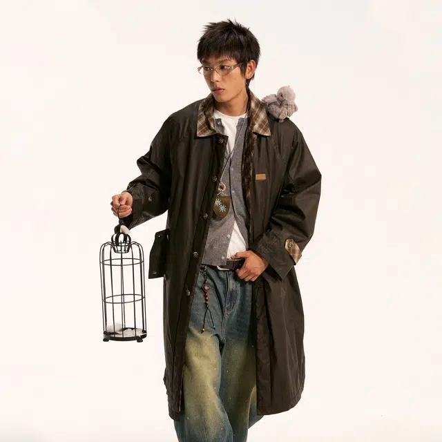 江南先生 流浪者之歌 索罗娜抑菌复古格纹拼接插肩袖设计感宽松休闲街头时尚外套风衣 男女同款