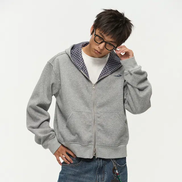 江南先生 美式复古丝网印花格纹格子连帽秋休闲百搭开衫双面外套卫衣 男女同款