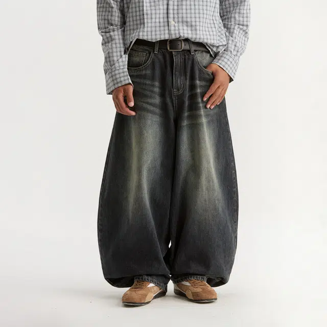 江南先生 城市接力赛 美式复古重磅做旧水洗弯刀裤秋季休闲宽松舒适显瘦百搭垂感牛仔裤 男女同款