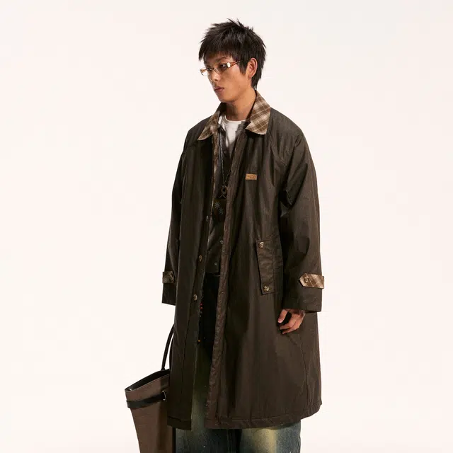 江南先生 流浪者之歌 索罗娜抑菌复古格纹拼接插肩袖设计感宽松休闲街头时尚外套风衣 男女同款