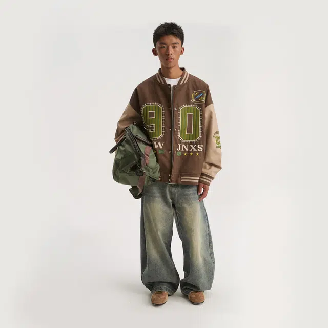 江南先生 城市接力赛 鳄鱼纹贴布绣美式复古棒球服秋宽松百搭休闲长袖外套夹克 男女同款