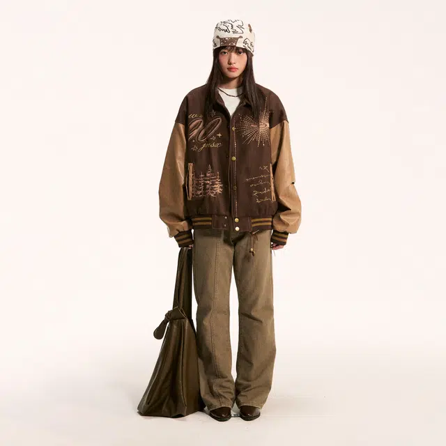 江南先生 流浪者之歌 复古学院风撞色刺绣常规宽松型百搭休闲棒球服外套夹克 男女同款