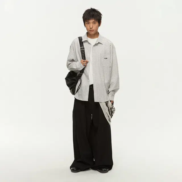 江南先生 美式复古文艺风绣花长短款格纹衬衣秋季情侣休闲长袖衬衫 男女同款