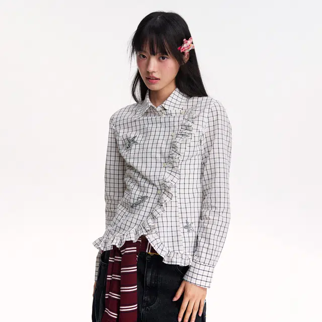 江南先生 复古英伦风双色格纹珠片绣秋季时尚格子宽松休闲衬衣衬衫 男女同款