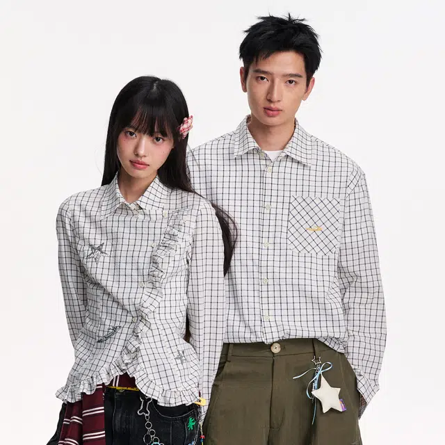 江南先生 复古英伦风双色格纹珠片绣秋季时尚格子宽松休闲衬衣衬衫 男女同款