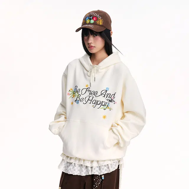 江南先生 美式复古重工字母花卉绣花宽松连帽秋季休闲上衣外套卫衣 男女同款