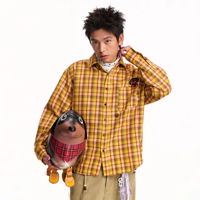 江南先生 日系复古腊肠狗刺绣条纹秋不对称斜门襟休闲百搭外套长袖衬衫 男女同款