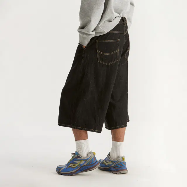 江南先生 城市接力赛 美式挺阔撞色斜纹七分阔腿裤子秋百搭休闲宽松牛仔短裤 男女同款