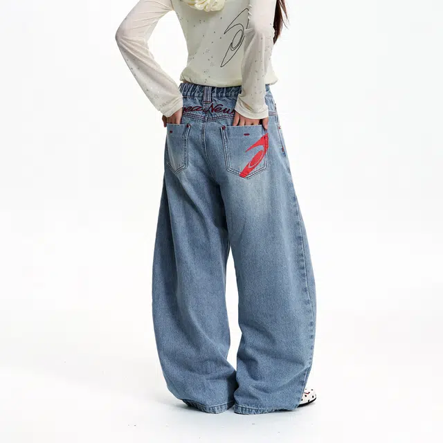 江南先生 复古重磅斜纹撞色口袋印绣花弯刀宽松百搭街头校园休闲裤子牛仔裤 男女同款