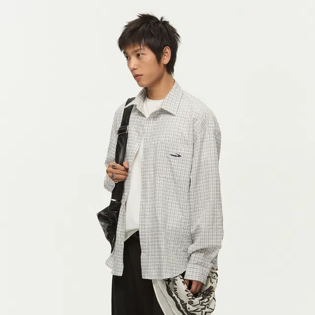 江南先生 美式复古文艺风绣花长短款格纹衬衣秋季情侣休闲长袖衬衫 男女同款