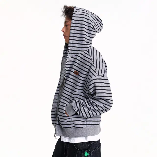 江南先生 美式复古休闲烫银星星条纹开衫秋季可拆卸毛领外套宽松拉链卫衣 男女同款