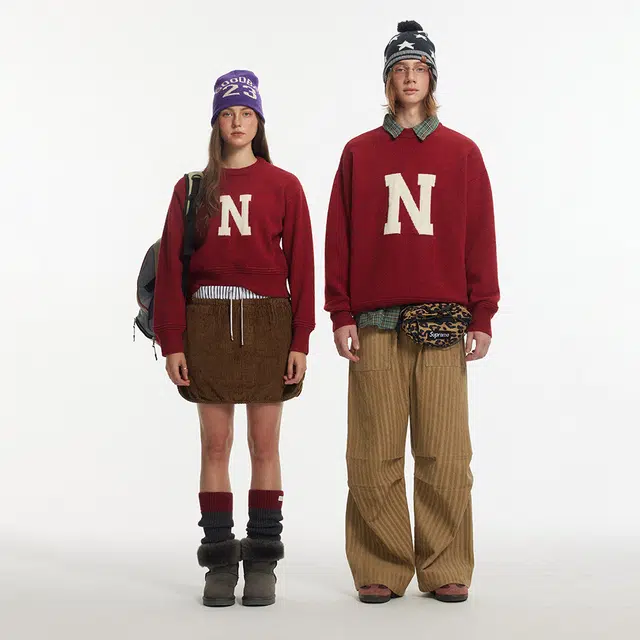 江南先生 美式复古字母套头长短款宽松休闲圆领毛衣针织衫 男女同款