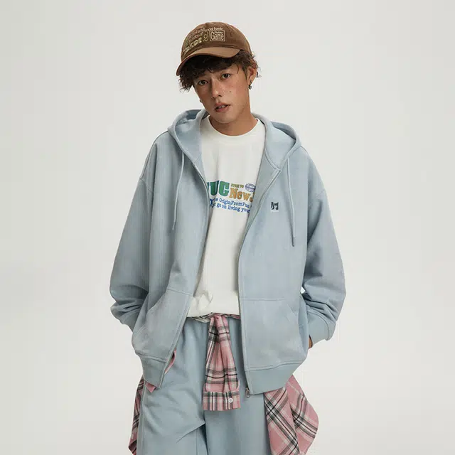 江南先生 美式复古仿麂皮绒长短款开衫秋季刺绣卫衣 男女同款