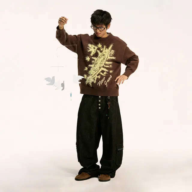 江南先生 流浪者之歌 慵懒感柔软舒适圆领仿貂毛提花钉珠宽松外穿百搭秋毛衣 男女同款