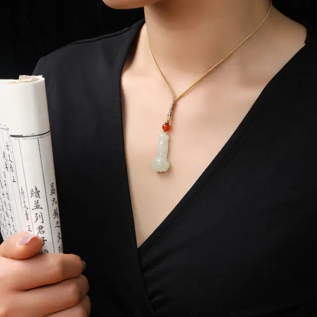 舒杰 油润白皙平安如意挂件 手工编织绳搭配 和田玉 项链 男女同款情侣款 青白玉