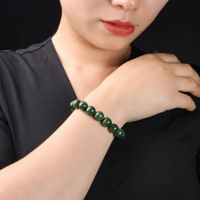 舒杰 珠圆玉润 弹力绳搭配 菠菜绿素圈 和田玉 和田玉手串 男女同款情侣款