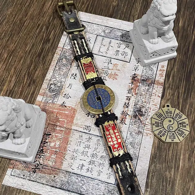 既白南兮 生发财聚山鬼花钱福牌太岁本命年好运道系青年国风新中式文创 合金 手环 男女同款情侣款