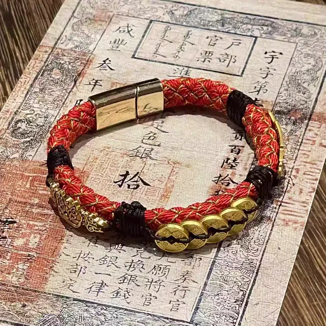 既白南兮 财聚乾坤五帝钱貔貅好运道系青年国风新中式文创 合金 手环 男女同款情侣款
