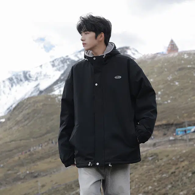 寻星记 美式复古高街宽松休闲百搭日系学院风基础款纯色字母印花贴标羊羔绒加厚保暖休闲连帽棉服 男女同款