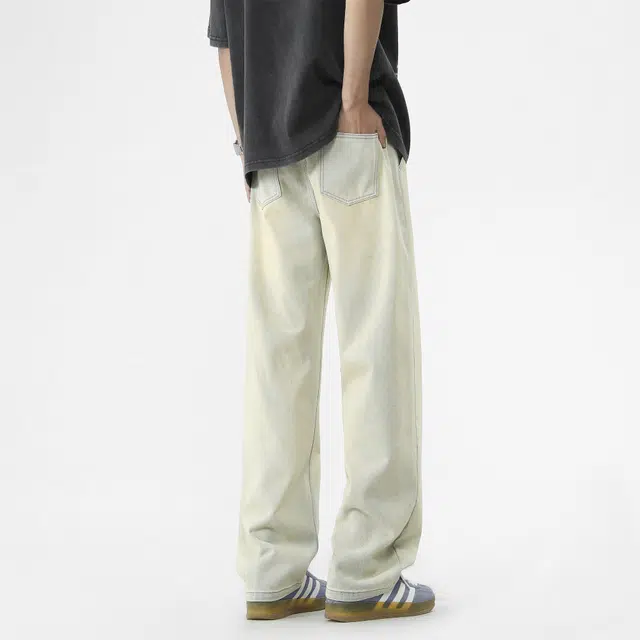 北欧攻略 美式复古高街风宽松直筒垂感水洗做旧百搭休闲长裤牛仔裤 男女同款