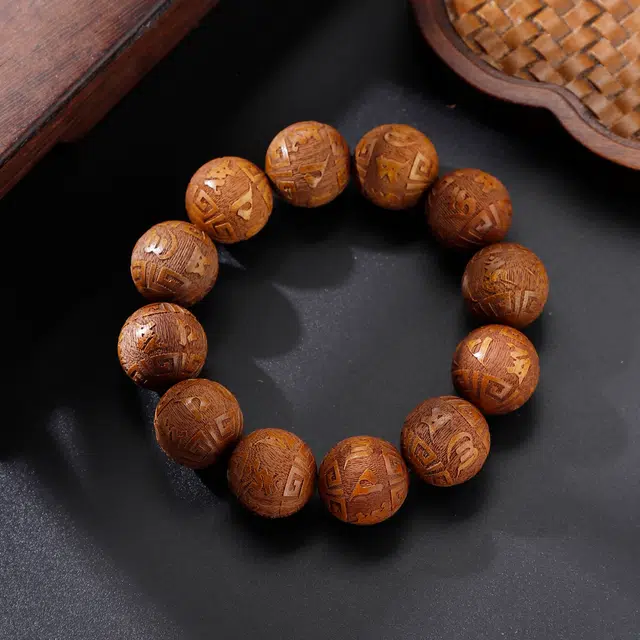 天纵 国风纳福平安简约大气复古念珠 金丝楠雕刻六字箴言转运珠文玩佛珠 楠木 手串 男女同款情侣款
