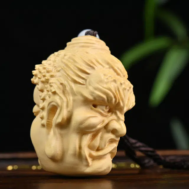天纵 中式复古风纳福好运文玩挂件 实木双面精雕一念之间善恶佛魔平安手工艺品 黄杨木 木作把件 男女同款情侣款