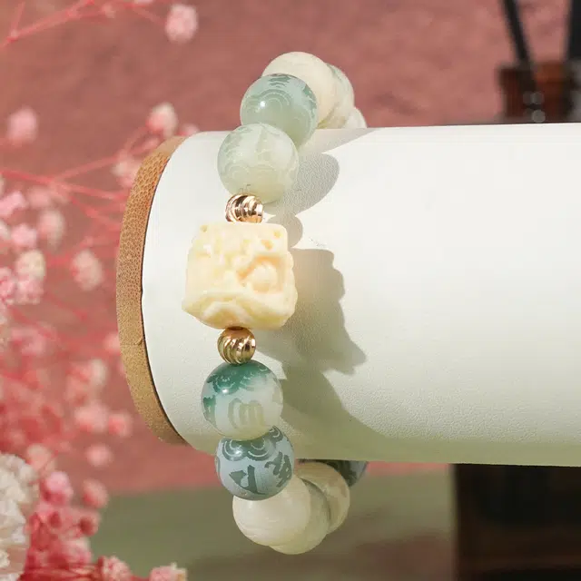 天纵 国潮醒狮平安纳福 雕刻六字箴言 转运珠 飘花渐变 白玉菩提 手串 男女同款情侣款