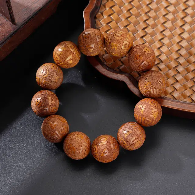 天纵 国风纳福平安简约大气复古念珠 金丝楠雕刻六字箴言转运珠文玩佛珠 楠木 手串 男女同款情侣款