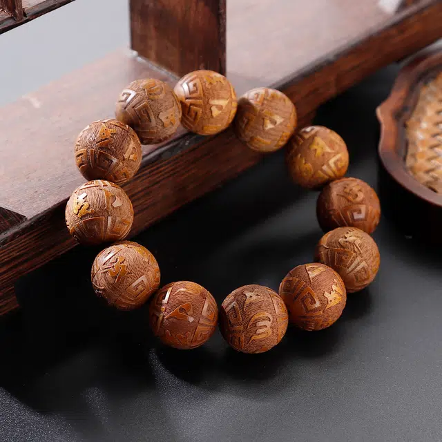 天纵 国风纳福平安简约大气复古念珠 金丝楠雕刻六字箴言转运珠文玩佛珠 楠木 手串 男女同款情侣款