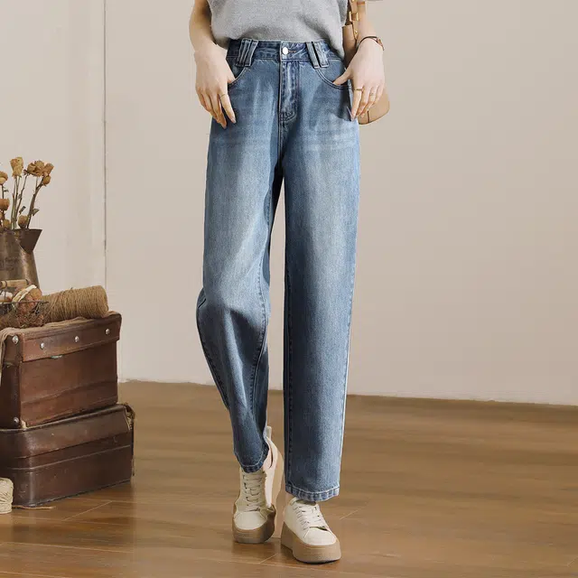嬉皮少女 拉链纯色高腰牛仔裤 女款 复古浅蓝色