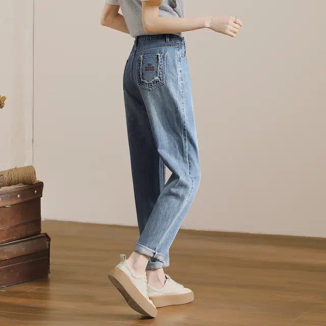 嬉皮少女 拉链纯色高腰牛仔裤 女款 复古浅蓝色