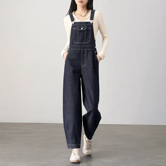 嬉皮少女 休闲简约纯色高腰宽松背带裤 女款 普洗蓝色