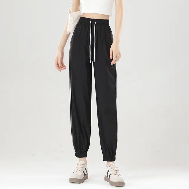 嬉皮少女 纯色高腰褶皱侧边拉链抽绳系带束脚休闲裤 女款 黑色