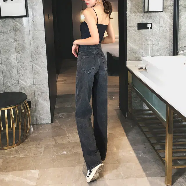 嬉皮少女  复古高腰阔腿牛仔裤女秋款排扣通勤百搭宽松垂感泫雅直筒拖地裤 女款