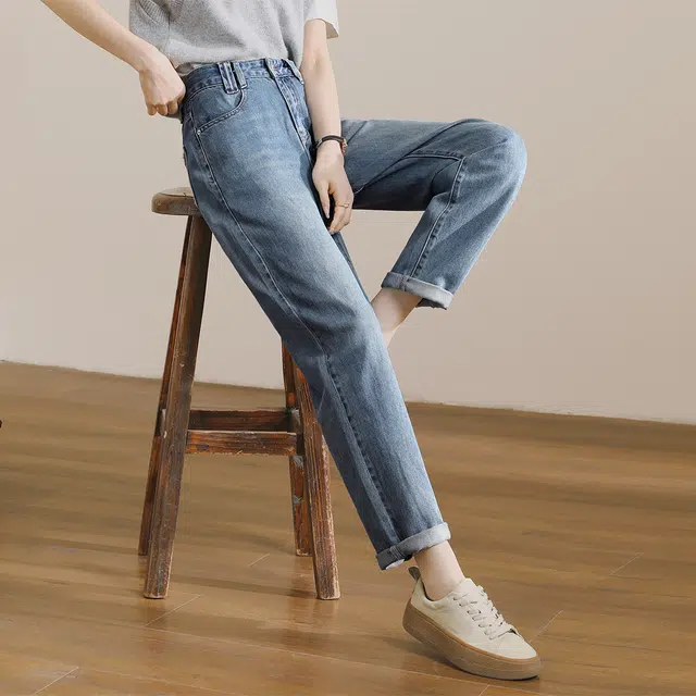嬉皮少女 拉链纯色高腰牛仔裤 女款 复古浅蓝色