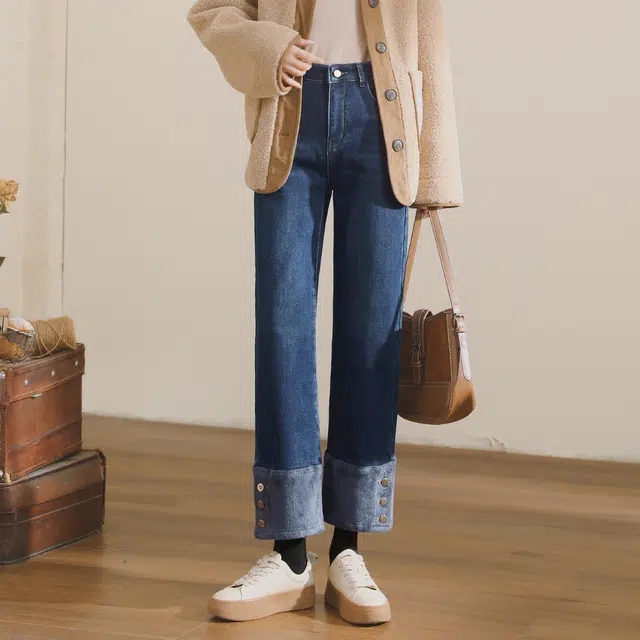 嬉皮少女 高腰直筒保暖休闲牛仔裤 女款