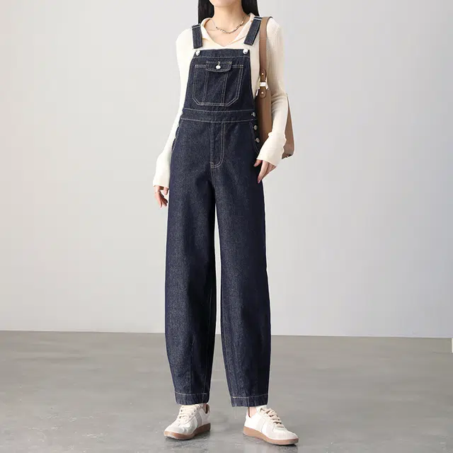 嬉皮少女 休闲简约纯色高腰宽松背带裤 女款 普洗蓝色