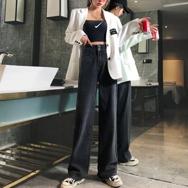 嬉皮少女  复古高腰阔腿牛仔裤女秋款排扣通勤百搭宽松垂感泫雅直筒拖地裤 女款