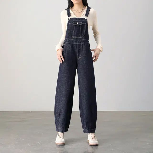 嬉皮少女 休闲简约纯色高腰宽松背带裤 女款 普洗蓝色